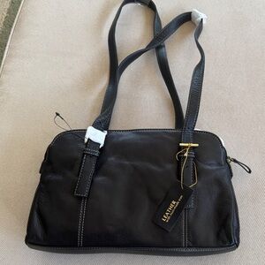 Black Leather Shoulder Bag with Gold-Tone Accent